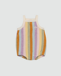 Happymess Terry Romper in Sunset Stripes, flat on warm white.